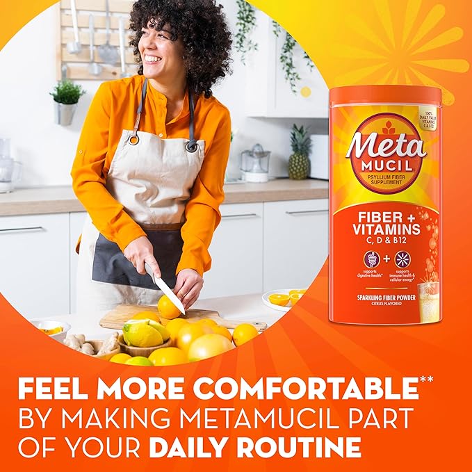 Metamucil Fizzy Fiber Supplement + Metabolism Plant Based Psyllium Fiber Powder with B12 for Metabolism of Fats and Proteins Daily Supplement for Regularity Citrus Flavored Sugar-Free 130 Serving
