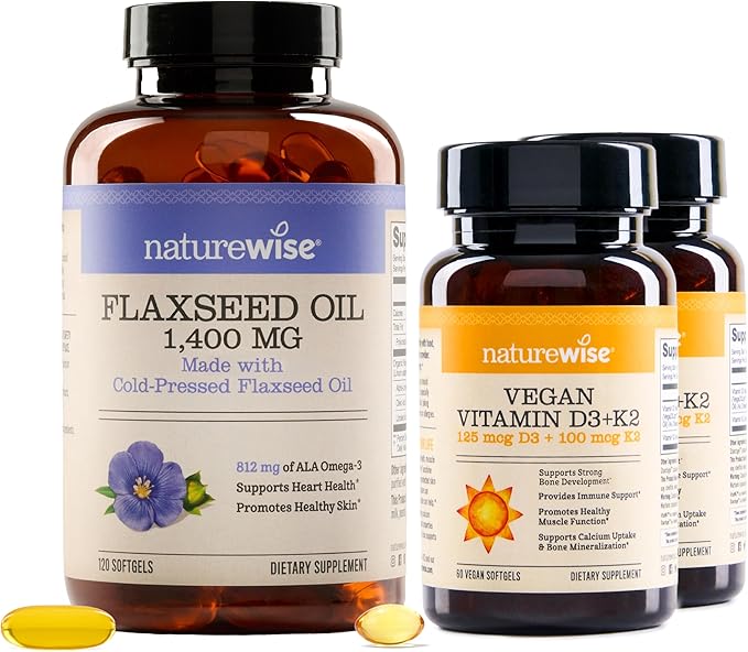 NatureWise [1] Flaxseed Oil 1400 mg - Cold Pressed Flaxseed Oil - 120 Softgels[120-Day Supply] + (Pack of 2) Vegan Vitamin D3 5000IU + K2 Organic Coconut Oil - 60 Softgels[60-Day Supply]
