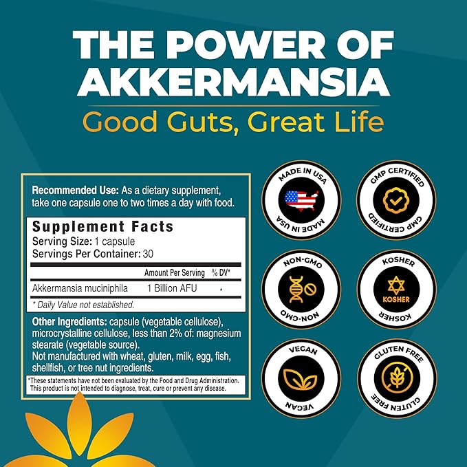 Akkermansia Probiotic Supplement - Promotes Digestive Comfort Gut Lining &amp Microbiome Support - GLP-1 &amp Metabolic Wellness - Active Strain 1 Billion AFUs - 30 Capsules