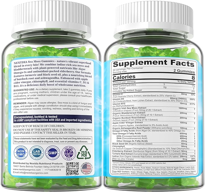2 Pack Sea Moss Gummies for Men Women Vegan 15-IN-1 Irish Seamoss Superfood with/Bladderwrack &amp Burdock Root Turmeric Elderberry Vitamins B12 D3 EPA DHA Sugar-Free Support Energy Brain Im