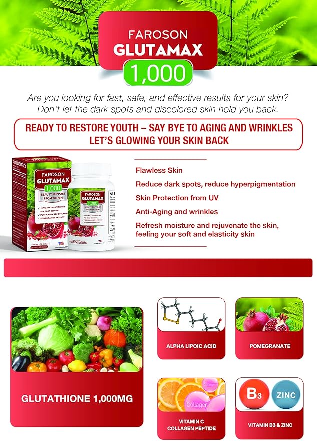 Glutamax|Whitening from Within|Glutathione 1000mg Fern&ampPomegranate Extract| antioxidant Support Skin Elasticity Reduce Skin Aging for Women| 30 Tablets Made in USA