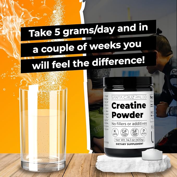 Santa Cruz Paleo Creatine Monohydrate Powder Micronized Unflavored Pre Workout and Muscle Support Supplement Gluten Free Keto Mix with Water or Shakes No Fillers or Additives 80 Servings 400g