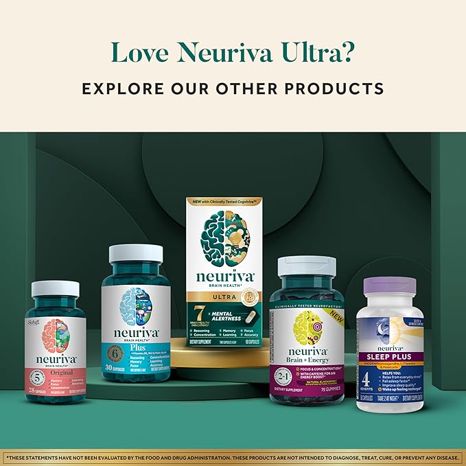 NEURIVA Ultra Decaffeinated Clinically Tested Nootropic Brain Supplement for Mental Alertness Memory Focus &amp Concentration Cognivive Neurofactor Phosphatidylserine Vitamins B6 B12 60 Capsul