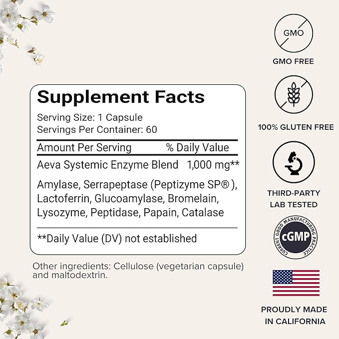 AEVA Immunity Support Enzymes – Functional Wellness Formula with Serrapeptase Lysozyme and Lactoferrin – Supports Immune Balance Resilience &amp Recovery – Made in California