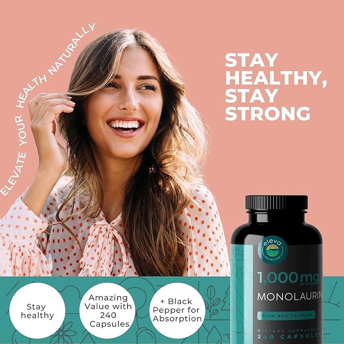 Monolaurin 1000mg Capsules — Made with Pure Glycerol and Lauric Acid from Raw Coconut — Natural Vegans- Non-GMO and Soy Free — 240 Capsules