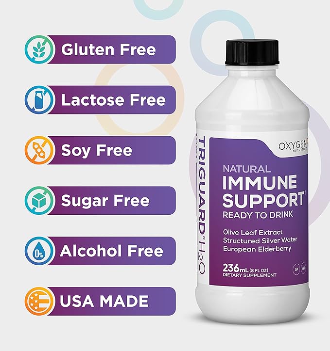 Triguard Plus Colloidal Silver Water Sambucus Elderberry Extract &amp Olive Leaf Extract 3-in-1 Liquid Immune Support Ready to Drink | Powerful Immune System Booster | Great Taste - 8oz Made in US