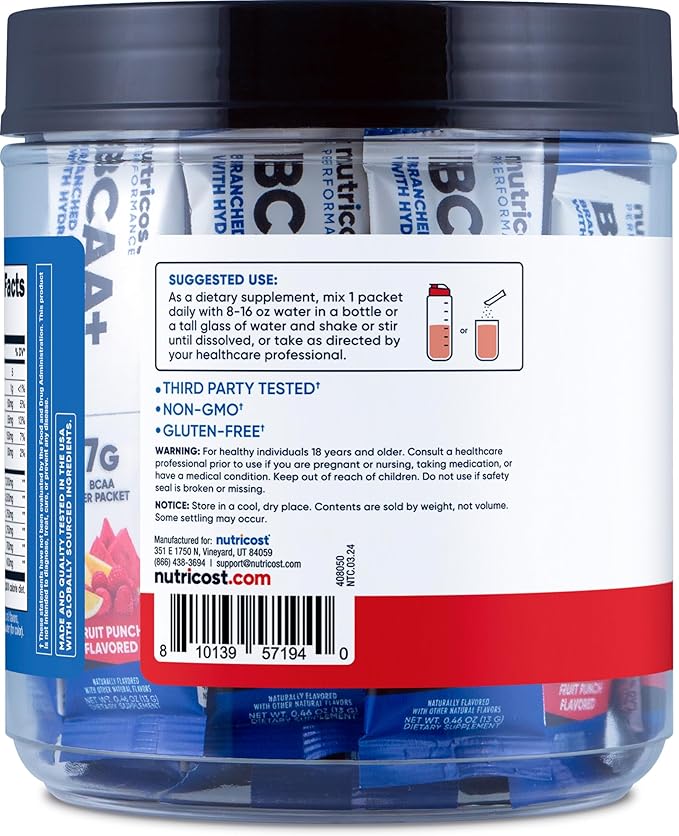 Nutricost BCAA+ Hydration Fruit Punch Flavor (20 Stickpacks) - Branched Chain Amino Acids with Hydration Complex - Gluten-Free Non-GMO