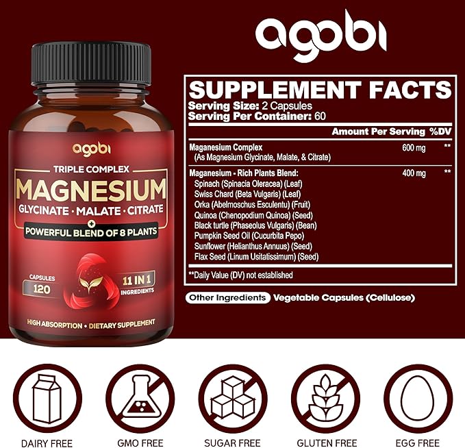 Magnesium Triple Complex - 600mg Magnesium Glycinate Malate &amp Citrate - Added Spinach Swiss Chard &amp Others - Support Calm Restful Mood &amp Muscle Cramp - 120 Capsules