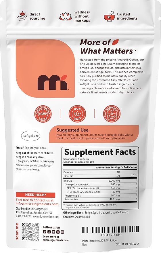 Micro Ingredients Antarctic Krill Oil Supplement 1000mg Per Serving 300 Soft-Gels Rich in Omega-3s EPA DHA &amp Natural Astaxanthin Supports Immune System &amp Brain Health Easy to Swallow
