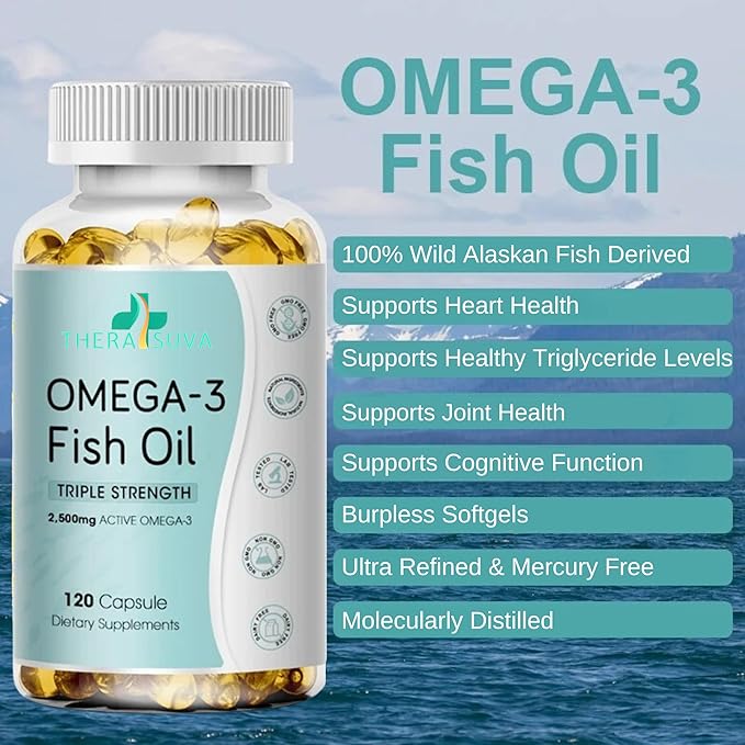 Triple Strength Wild Alaskan Fish Oil Omega-3 2500mg EPA 1300mg + DHA 1200mg Supplement for Heart and Joint Health 2 Month Supply 120 Softgels