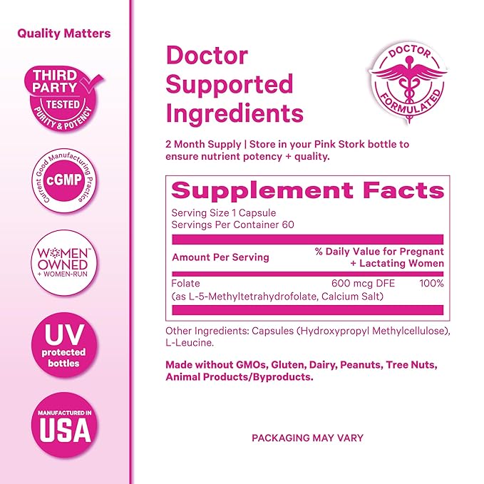 Pink Stork Folate: Methyl Folate - MTHFR Acid Natural Form of Folic Acid for Pregnancy Formulated for Mom + Baby Women-Owned 60 Capsules (Packaging May Vary)