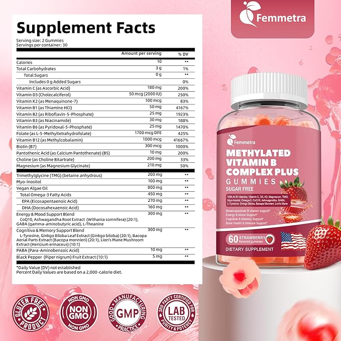 Ultra Methylated Vitamin B Complex Sugar Free Gummies - All B Vitamins + Vitamin C D3 K2 Ashwagandha Magnesium Omega 3 CoQ10 for Women Men - Methyl Vitamin B12 Methylfolate B1 B2 B3 B5 B6 B7 B9