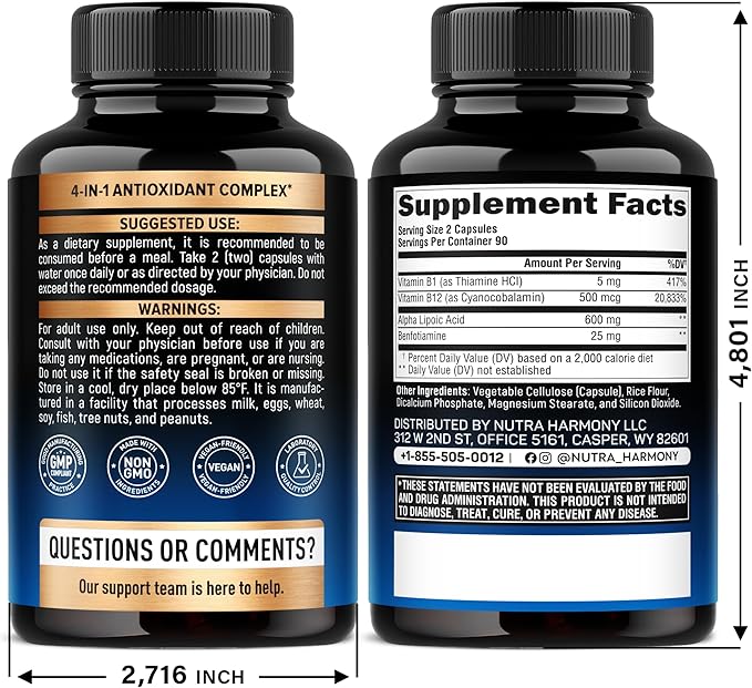 Alpha Lipoic Acid 600mg - ALA Supplement Antioxidant for Nerve Energy &amp Metabolism Support - Extra Strength with Benfotiamine B1 &amp B12 - Lab Tested NON-GMO &amp Vegan - 180 Capsules 3 Mon