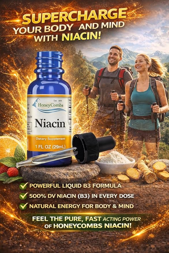 HoneyCombs Vitamin B3 Liquid Niacin 500% DV Niacinamide B3 Supplement Sublingual B-Complex Vitamin - Made in USA - Non Flushing Niacin Vitamin B3 Niacinamide Liquid Can be Used as a Niacinamide Serum