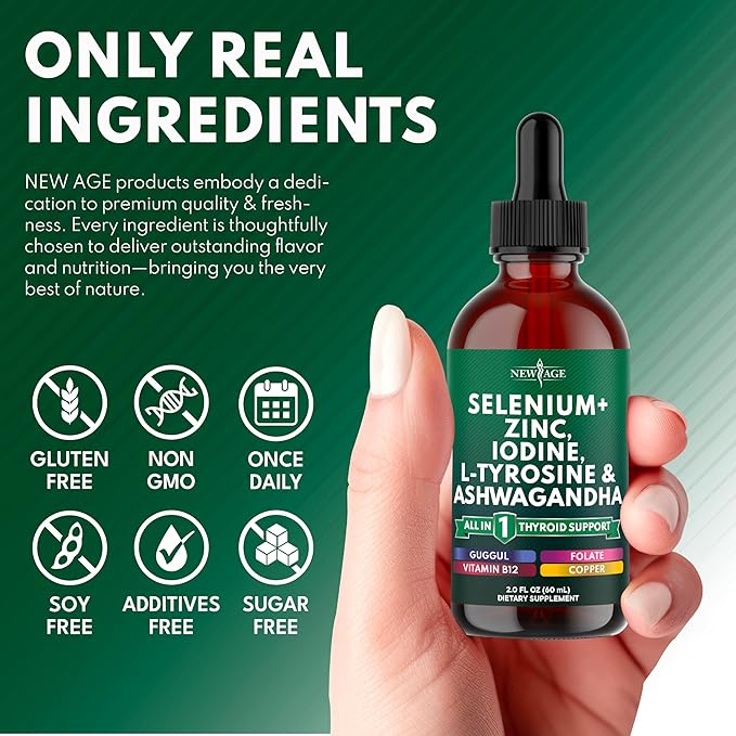 Thyroid Support Drops - Selenium Zinc Iodine L Tyrosine Ashwagandha Turmeric Schisandra Guggu Cayenne Basil - Liquid Supplement Folate Copper Alcohol -Free Vegan Non-GMO – 4 oz