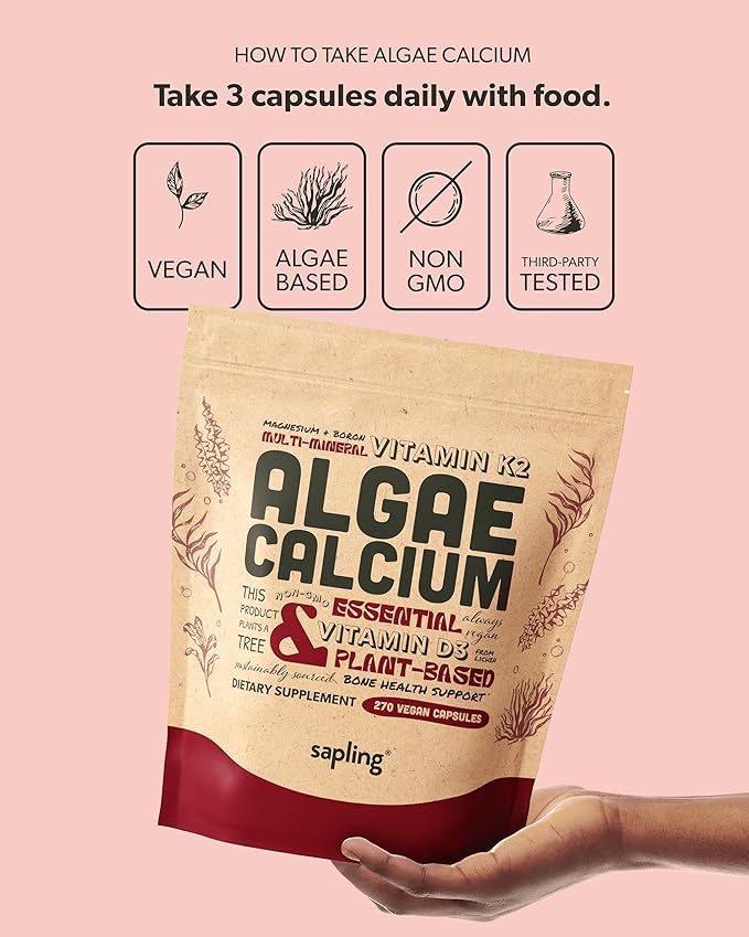 sapling Calcium Supplement - Whole Food with Vitamin K2 &amp D3 Magnesium Zinc Boron Mineral Complex. Sourced Sustainably from Red Algae. for Bone Strength and Support. Non-GMO &amp Vegan (270 C
