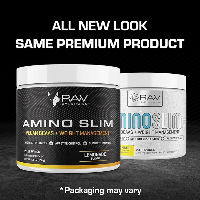RAW Synergies Amino Slim - Active Lifestyle Supplement for Metabolic &amp Mindful Eating Support - Muscle &amp Energy Support - Sugar-Free &amp Vegan - Lemonade - 20 Servings