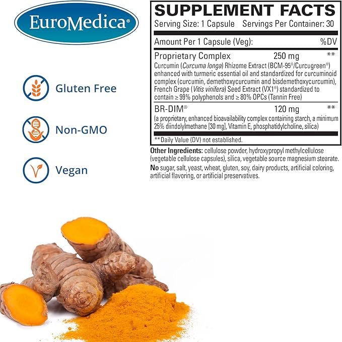 EuroMedica DIM + Curcumin - Estrogen Balance Support Supplement - Dietary Supplement with Curcumin &amp Grape Seed Extract - Turmeric Essential Oil for Healthy Metabolism Support - 30 Capsules