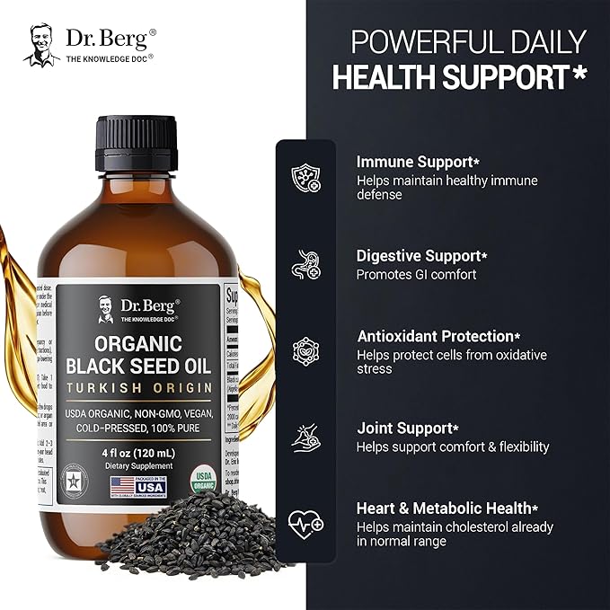 Dr. Berg Black Seed Oil Organic Cold Pressed – Pure Nigella Sativa Black Cumin Oil – USDA Organic Halal Vegan – for Hair Skin Immune Support – Unrefined Liquid – 4 oz Glass Bottle
