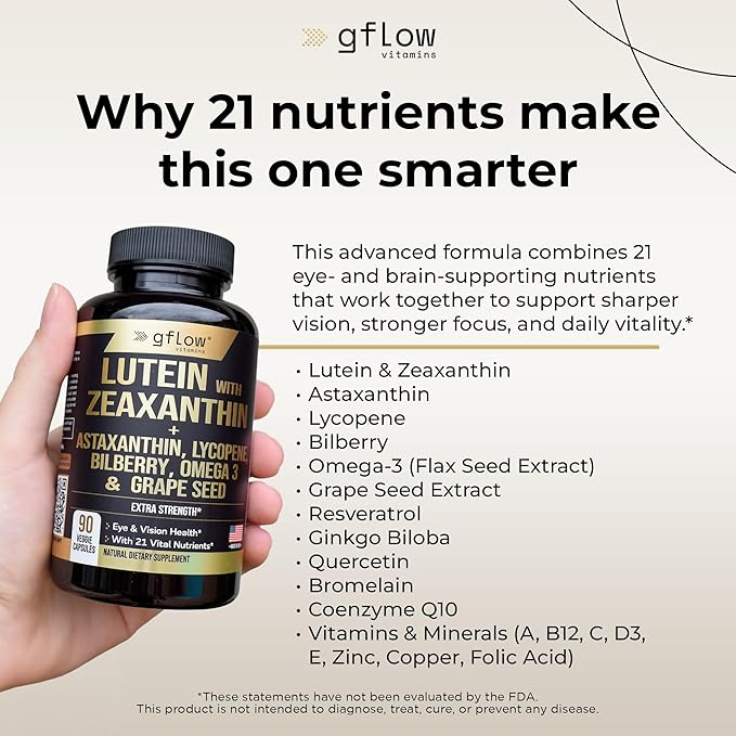 gflow vitamins Lutein and Zeaxanthin Supplements - Advanced Eye Vitamins with Astaxanthin Omega 3 Resveratrol Bilberry Lycopene Quercetin Ginkgo Biloba Vitamin D | Health Vision | Made in USA