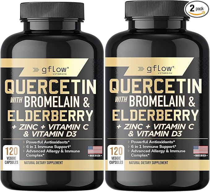 gflow vitamins Quercetin with Bromelain Zinc Vitamin C Vitamin D Elderberry - 120 Veggie Capsules Non-GMO Gluten-Free | Immune Support Supplement | Made in USA | 4 Months Supply