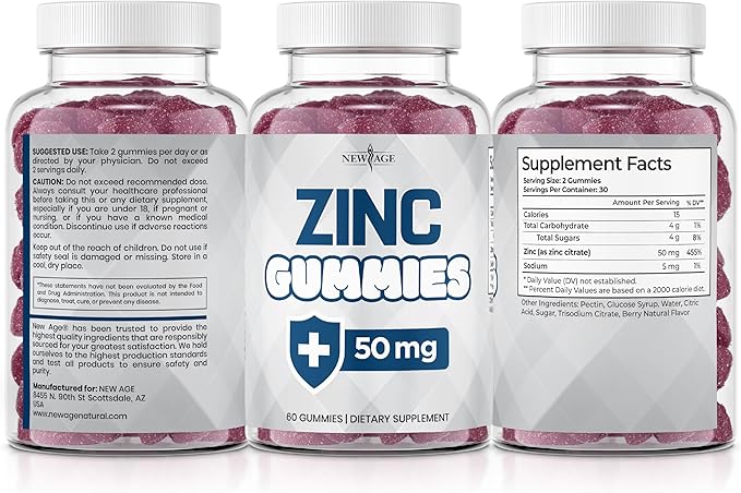 NEW AGE Zinc Gummies - 2 Pack - 50mg High Immune Booster Zinc Supplement Immune Defense Powerful Natural Antioxidant Non-GMO - by New Age 120 Count
