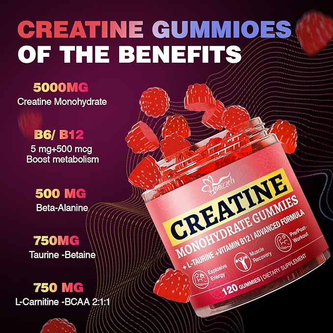 Creatine Gummies for Women &amp Men Low Sugar Creatine Supplements Help Build Muscle Creatine Monohydrate Gummies Raspberry Flavor Supports Muscle Growth and Enhances Strength 120 Count