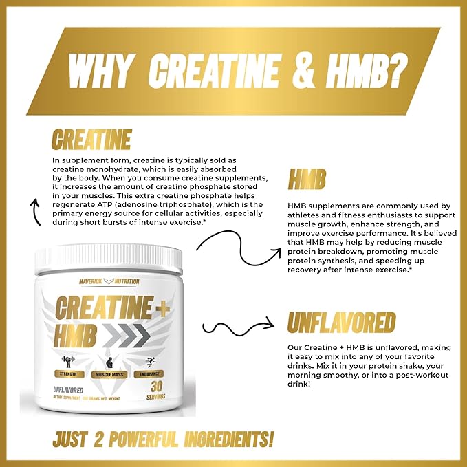 Creatine HMB - Creatine Powder for Men - Creatine Powder - Creatine Supplement - Creatine for Men - HMB Creatine - Creatine - Creatine Monohydrate - 30 Servings - Unflavored (Creatine + HMB)