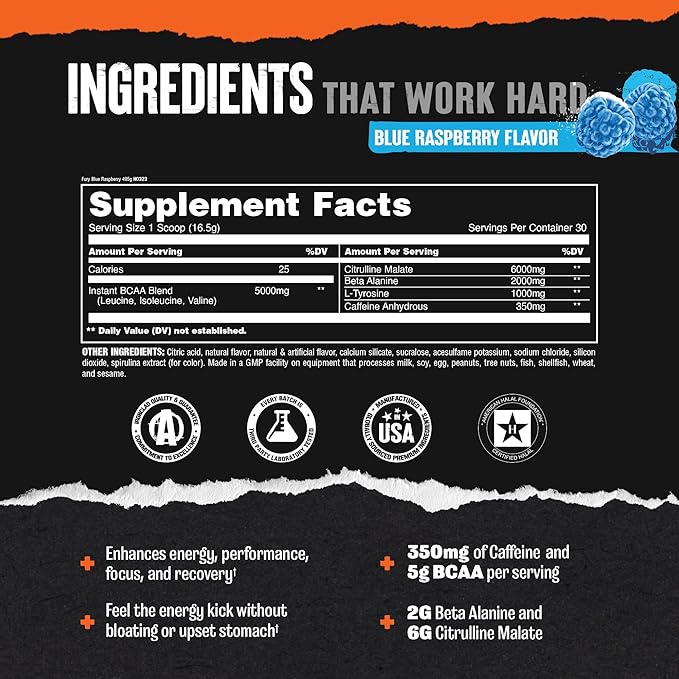 Animal Fury - Pre Workout Powder Supplement for Energy and Focus - 5g BCAA 350mg Caffeine Nitric Oxide Without Creatine - Powerful Stimulant for Bodybuilders - Blue Raspberry