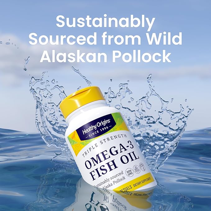 Healthy Origins Triple Strength Omega 3 Fish Oil 1250mg from Wild Alaska Pollock with DHA EPA &amp Omega 3s Gluten-Free Non-GMO 180 Softgels