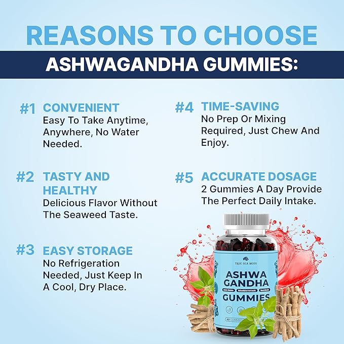 TrueSeaMoss Sea Moss Gummies with Ashwagandha Burdock Root &amp Bladderwrack – for Adults &amp Kids 4+ Fruity Flavor – 60 Gummies