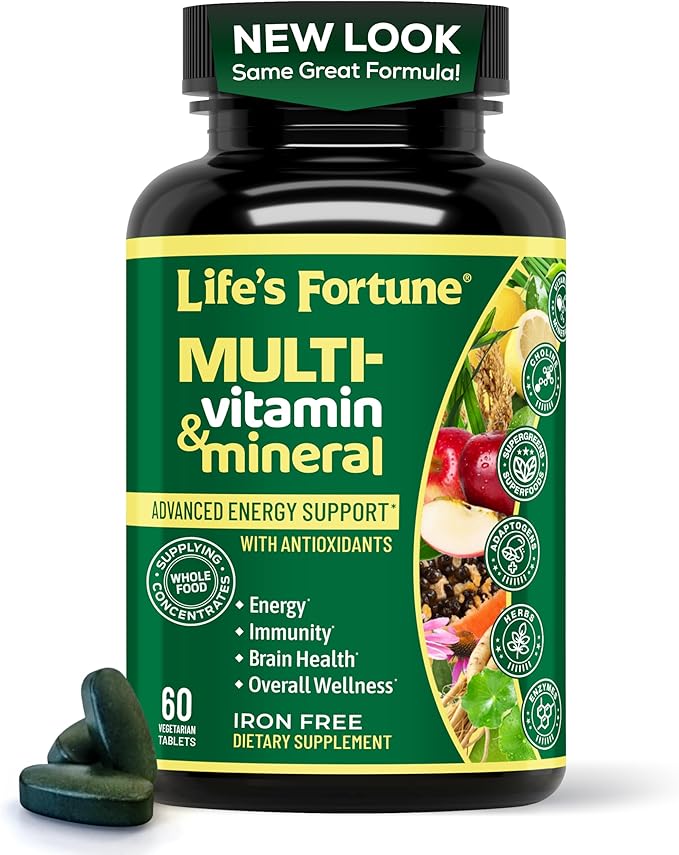 Life's Fortune Whole Food Multivitamin &amp Mineral Supplement for Men &amp Women | Daily Energy Support Vitamins | Immune Brain &amp Metabolism Support | Iron Free 60 Vegetarian Tablets