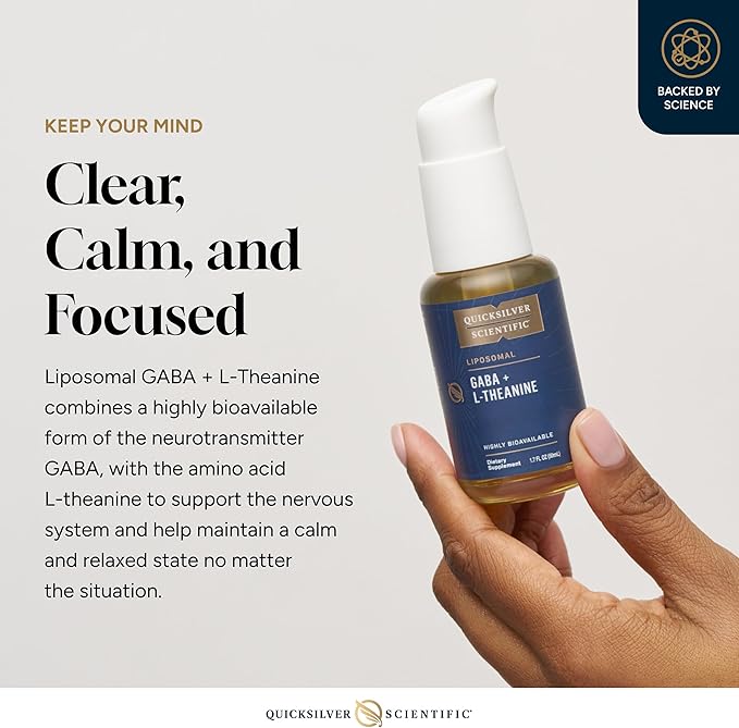 Quicksilver Scientific Liposomal GABA + L Theanine - Calm Stress Response &amp Brain Support - Bioavailable GABA Supplement with L Theanine 100mg (1.7oz/50ml)