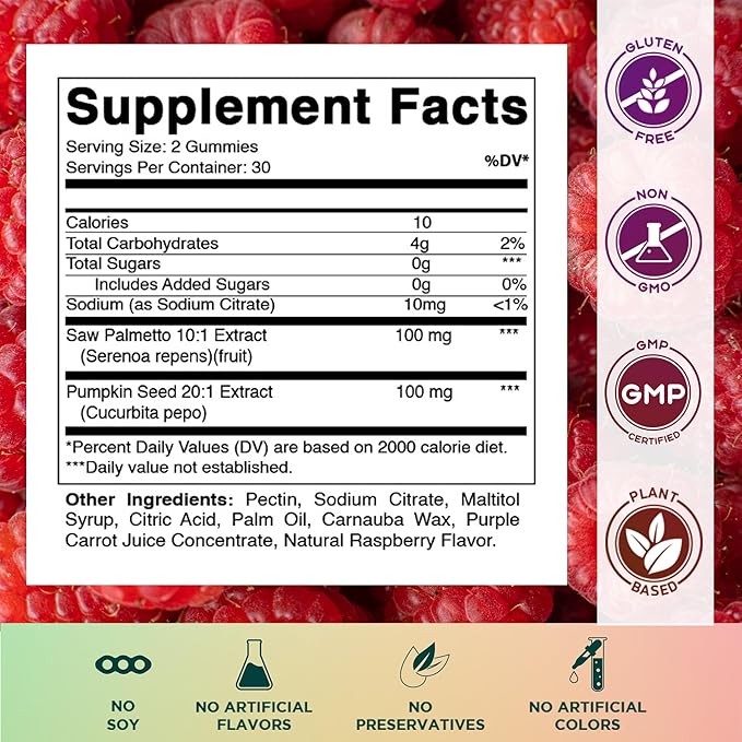 Vitamatic Pumpkin Seed &amp Saw Palmetto Gummies – Sugar-Free Botanical Extract – Natural Raspberry Flavor – Vegan Non-GMO Plant-Based Gummies – 60 Count - 2 Pack (120 Count)