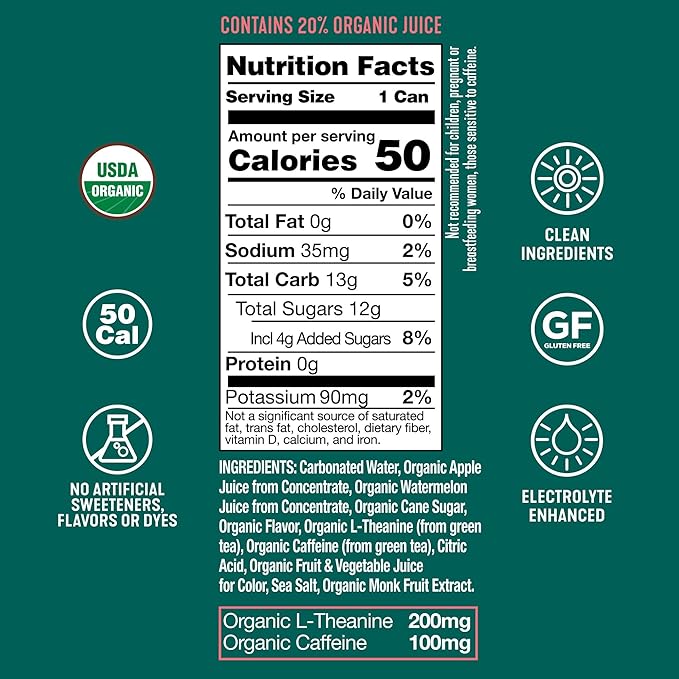 ARDOR ENERGY Natural Sparkling Energy Drink with 100mg Natural Caffeine &amp 200mg L-Theanine from Organic Green Tea for Smooth Energy &amp Focus | Healthy Energy Drink | Made with Real Fruit Juice