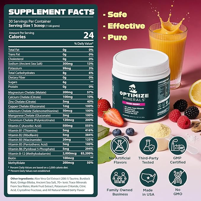 Optimize Minerals Vitamins and Mixed Berry Bundle | All in-One Supplement Pack Ionic Trace Mineral Blend Electrolyte and Micronutrient Support