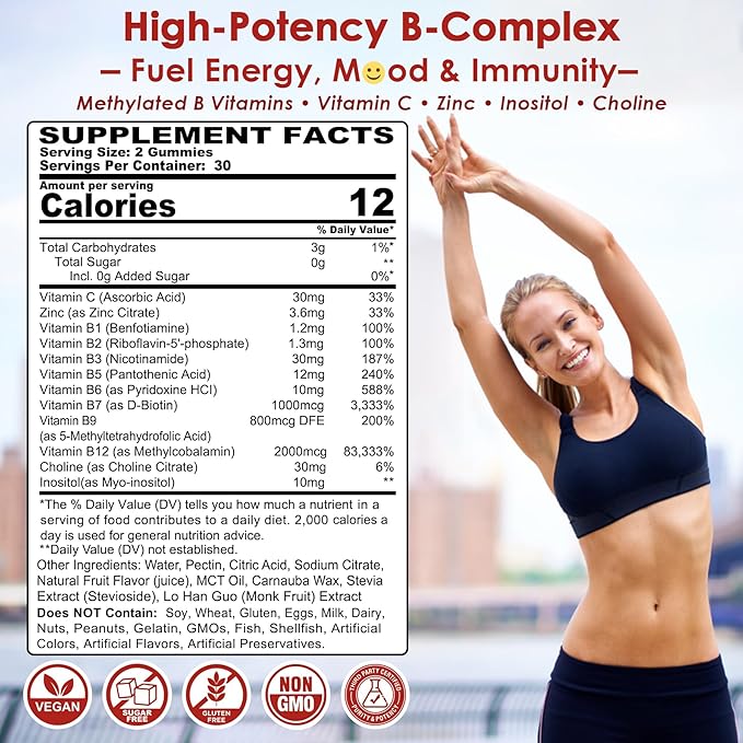 Vitamin B Complex Gummies Vegan Vitamin B Gummies with 2000 mcg Methyl B12 Methyl Folate | Plus Choline + Inositol Vitamin C + Zinc for Supports Energy Mood Immune Healthy Hair Skin - 60 Cts