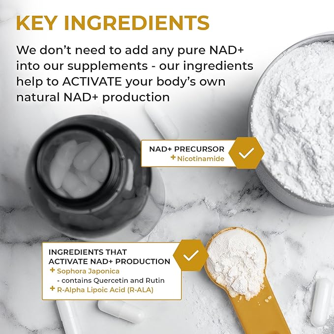 Nuchido Time+ NAD Supplement for Women &amp Men - Advanced Formula for Healthy Aging Energy Focus Cellular Health &amp Longevity - Nicotinamide Alpha Lipoic Acid Quercetin - 90 Capsules