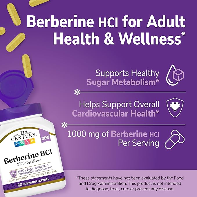 21st Century Berberine HCl 1000 mg Per Serving (60 Count) Helps Support Healthy Sugar Metabolism &amp Cardiovascular Health Vegan Non-GMO Gluten Free Berberine Supplement 30 Servings