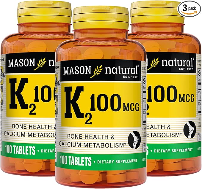 MASON NATURAL Vitamin K2 100 mcg with Calcium Supports Bone Heart &amp Muscle Health 100 Tablets Pack of 3