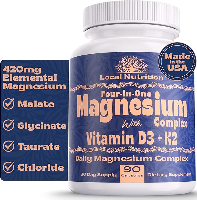 Magnesium Complex 420mg with Vitamin D3 K2 - Four Bioavailable Forms Including Bisglycinate (Glycinate) Malate Taurate and Chloride for Superior Absorption - 90 Capsules Made in USA