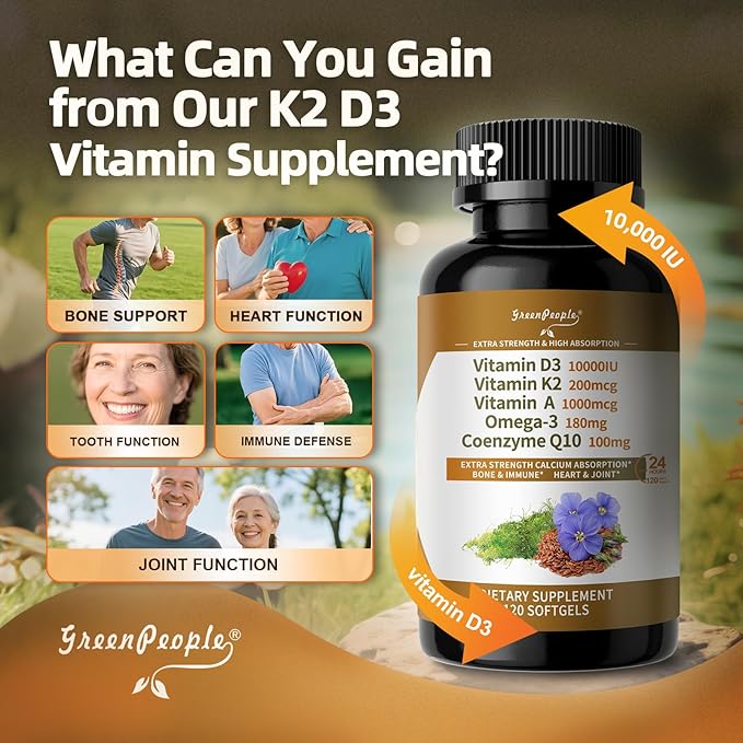 GREENPEOPLE Vitamin D3 K2 Softgel - 5-in-1 D3 K2 Vitamin 10000 iu 200 mcg K2 MK7 VIT A Omega-3 &amp CoQ10 for Ultimate Absorption - K2 D3 Vitamin Supplement Support Ca Absorption Heart &amp Bone
