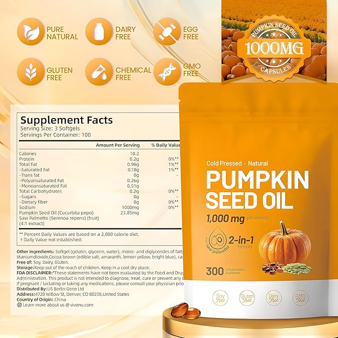 Pumpkin Seed Oil Capsules with Saw Palmetto – Cold Pressed Pumpkin Seed Oil Essential Fatty Acids &amp Phytosterols 300 Softgels for Prostate Bladder &amp Urinary Support Non-GMO 1 Pack