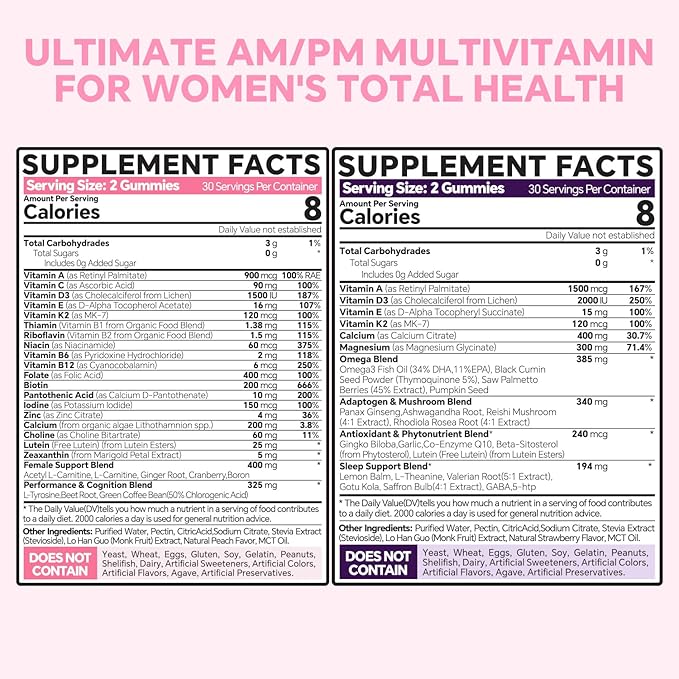 Multivitamin for Women AM &amp PM - Melatonin Free with w/Algae CalciumOmega-3Vitamin D3K2Magnesium for Energy &amp RelaxationRestSkinHair Support - Sugar Free 24-Hour Support Vegan120 Coun