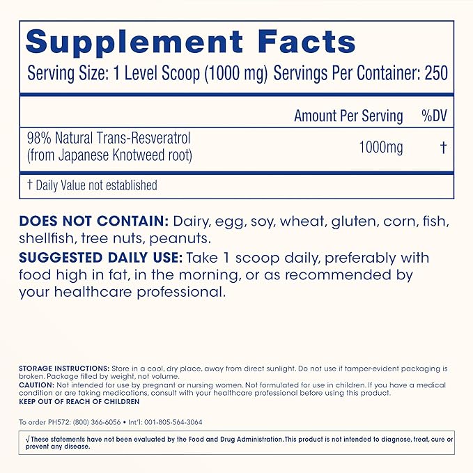 ProHealth Longevity Bulk Trans Resveratrol Powder 250 Grams - Pure Pharmaceutical Grade 1000 mg per Scoop Superior Absorption and Bioavailability
