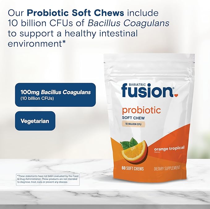 Bariatric Fusion Bariatric Probiotic Soft Chews | Orange Tropical Flavor Chewy Bariatric Vitamin | Bacillus Coagulans 10 Billion CFU Chewable Probiotic | Support Digestive &amp Immune Health | 60 Cou