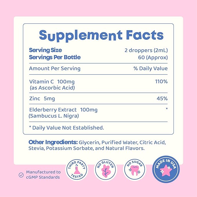 JoySpring Vitamin C and Zinc for Kids Elderberry Liquid Supplement | Alcohol-Free Toddler Vitamin C | 3+ Years | (4 fl oz) 60 Servings (Pack of 2)
