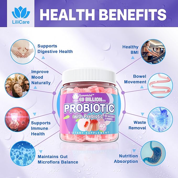 Probiotic Gummies 60 Billion CFU for Women Men &amp Kids 11 Strains Probiotics + Organic Prebiotics Fiber for Immune Digestive Health Supports Constipation Diarrhea Gas &amp Bloating - Sugar Fr