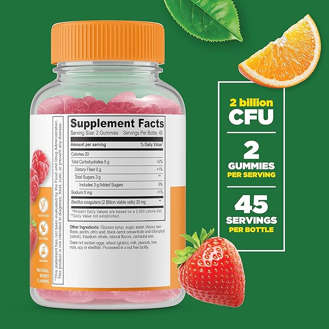 Lifeable Probiotic 2 Billion CFU + Prebiotic Fiber 5g Gummies Bundle - Great Tasting Vitamin Supplement Gluten Free GMO Free Chewable Gummy