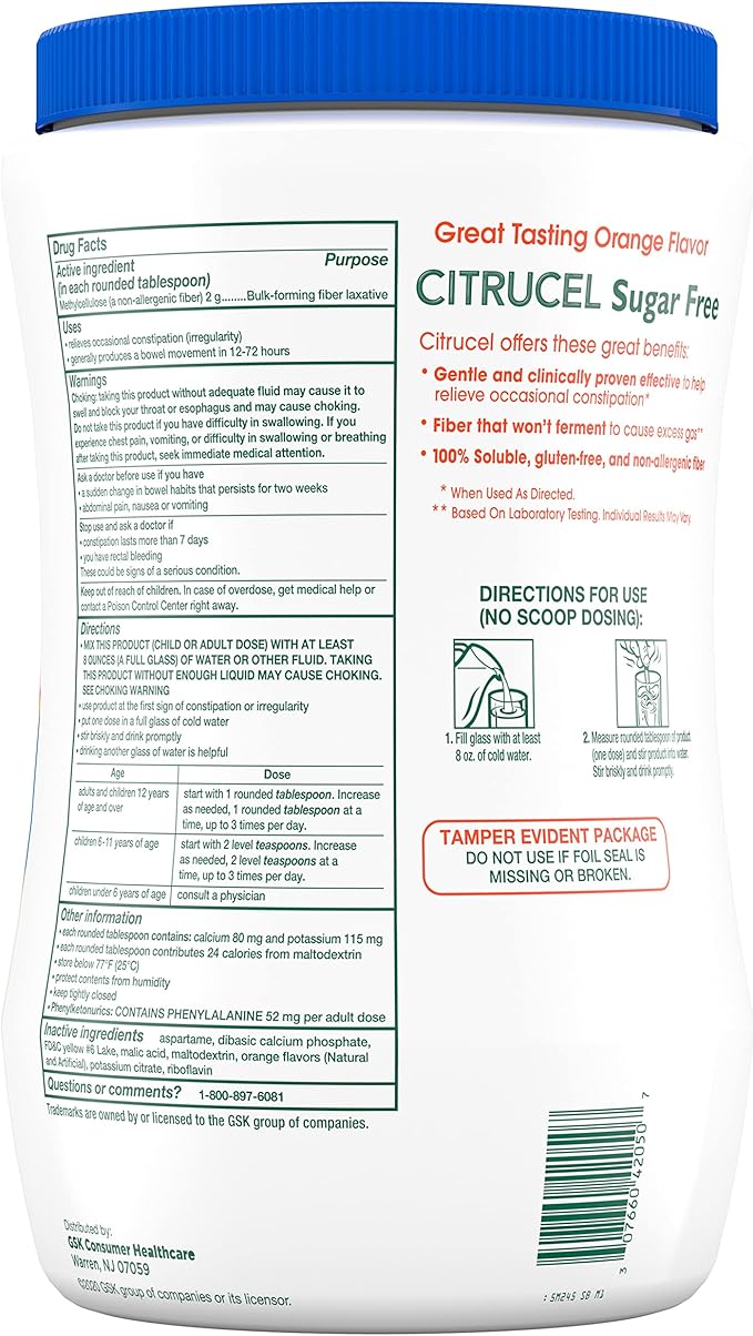 CITRUCEL Sugar Free Fiber Powder for Occasional Constipation Relief Methylcellulose Fiber Powder Orange Flavor - 32 Ounces